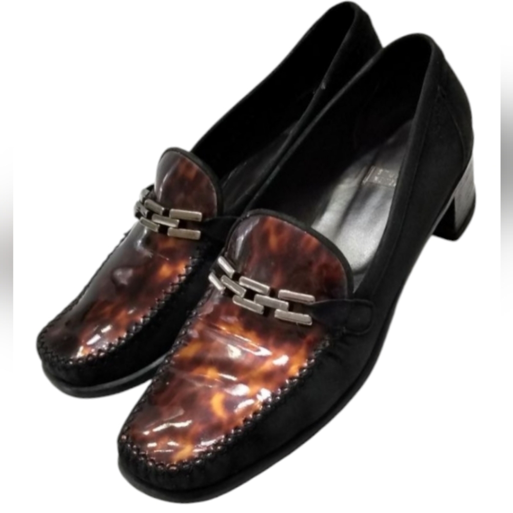 Stuart Weitzman Designer Classic Black and Brown Loafers with Metal Accent